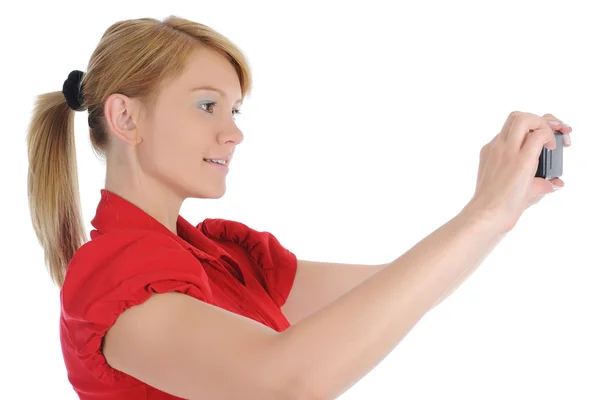 Woman takes a picture to your phone — Stock Photo, Image