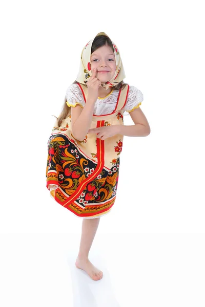 Little girl in a shawl dances — Stock Photo, Image