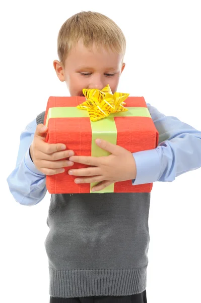 Boy holding present box — Stock Photo, Image