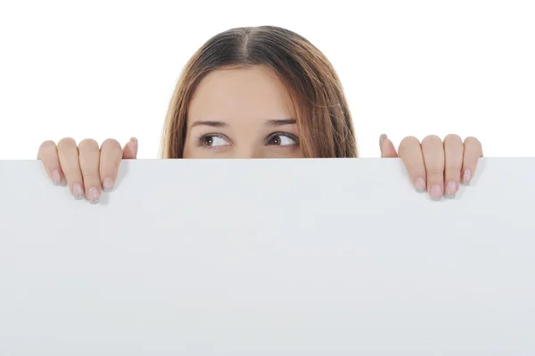Young woman holding blank sheet Stock Photo