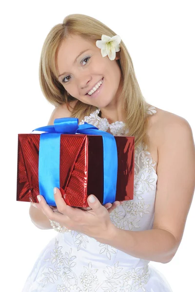 Bride hugging gift box — Stock Photo, Image