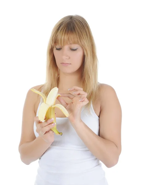 Ξανθό κορίτσι με μια μπανάνα. — Φωτογραφία Αρχείου