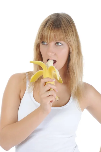 金发女孩用一根香蕉. — 图库照片