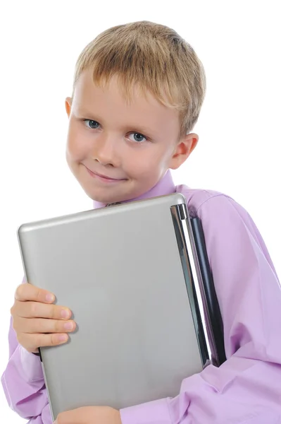 Funny little boy with laptop — Stock Photo, Image