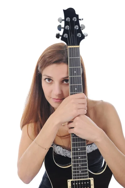 Energiczna dziewczyna z czarny gitara w ręku. — Zdjęcie stockowe