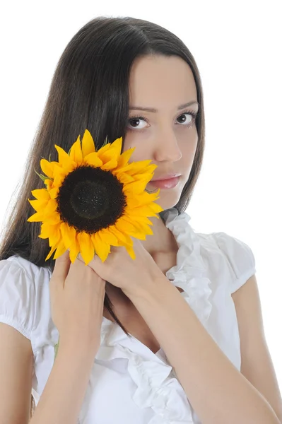 Brunette with a sunflower — Stock Photo, Image