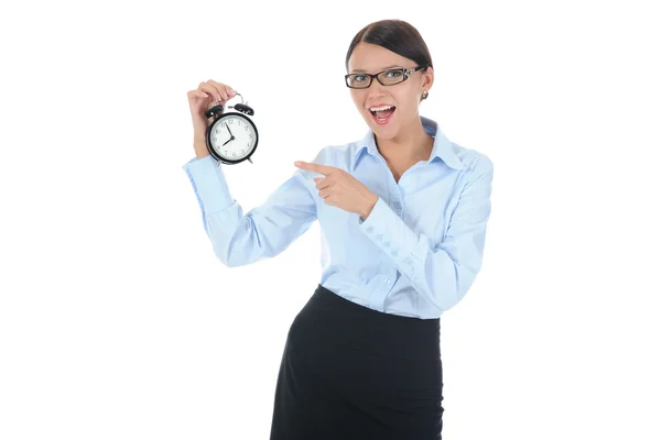 Woman with an alarm clock in a hand. — Stock Photo, Image