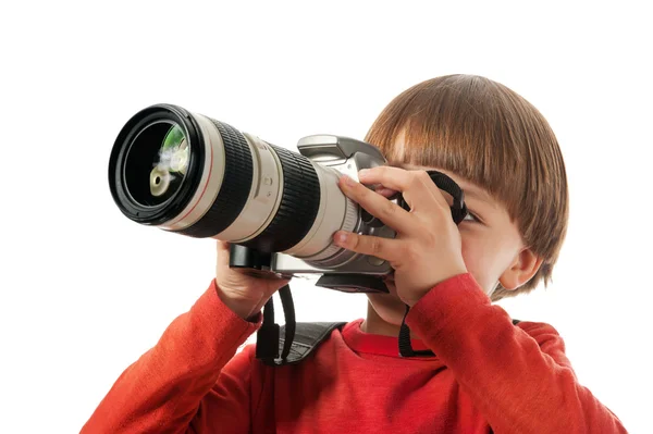 Chlapec drží fotoaparát — Stock fotografie