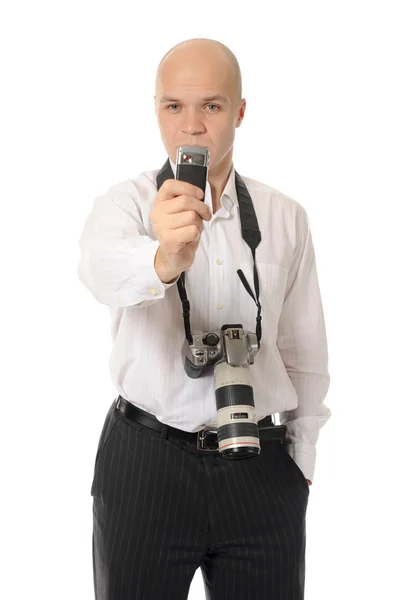 Adam bir kamera tutan — Stok fotoğraf