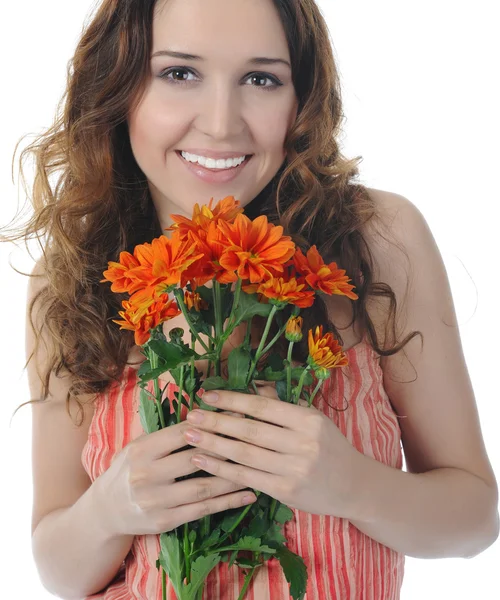 꽃과 함께 갈색 머리 — 스톡 사진