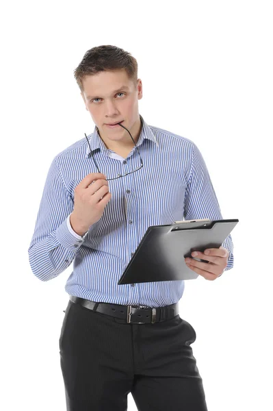 Business man holding clipboard — Stock Photo, Image