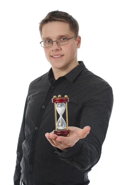 Affärsman med timglas i handen. — Stockfoto