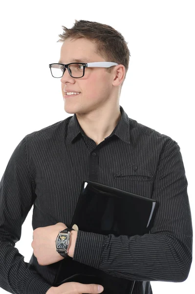 Portrait of a smiling young man with laptop — Stock Photo, Image