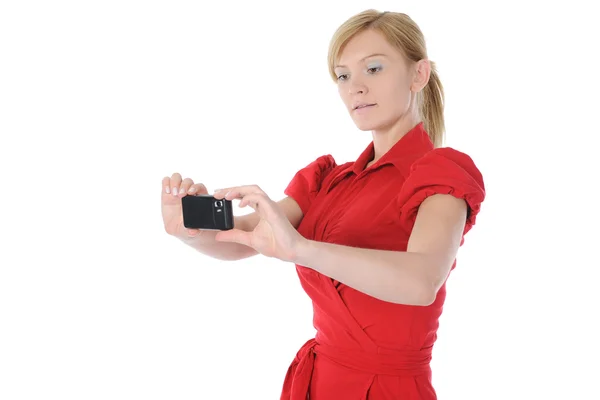 Mujer toma una foto a su teléfono —  Fotos de Stock