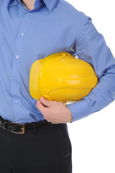 Людина з будівельним шоломом — стокове фото