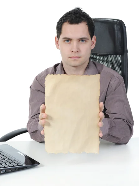 Businessman holding old paper sheet — Stock Photo, Image