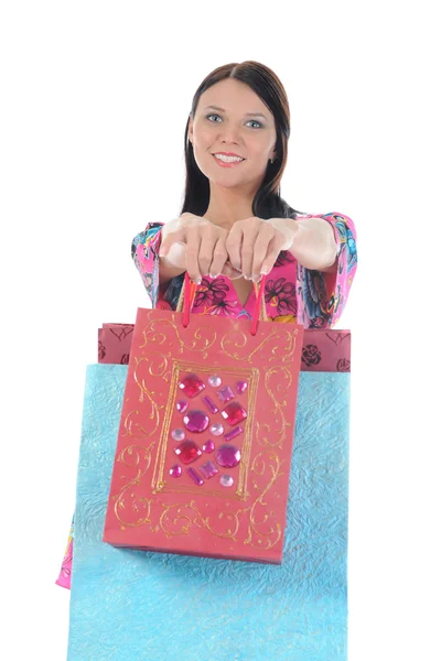Piękna dziewczyna z torbami na zakupy — Zdjęcie stockowe