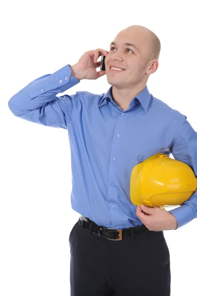 Ευτυχής Επιχειρηματίας Μιλώντας Στο Τηλέφωνο Απομονώνονται Λευκό Φόντο — Φωτογραφία Αρχείου
