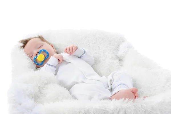 Bebé Duerme Con Chupete Boca Aislado Sobre Fondo Blanco — Foto de Stock