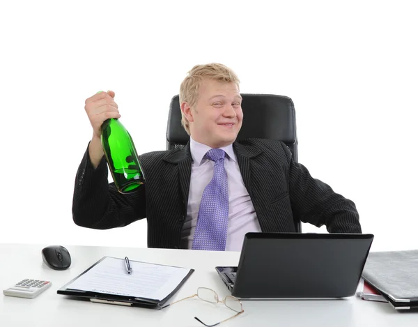 Uomo Affari Ubriaco Che Beve Champagne Sul Lavoro Ufficio Isolato — Foto Stock