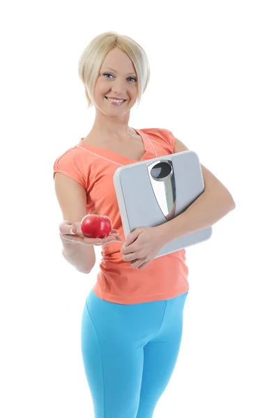 Junge Athletische Frau Mit Einem Apfel Und Einer Waage Der — Stockfoto