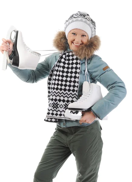 Lachende Vrouw Winter Stijl Met Schaatsen Geïsoleerd Witte Achtergrond — Stockfoto