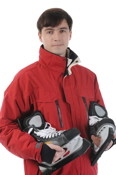 Smiling Man Winter Style Skates Isolated White Background — 스톡 사진
