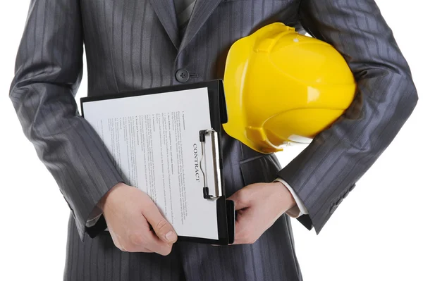 Businessman Construction Helmet Clipboard Isolated White Background — Stock Photo, Image
