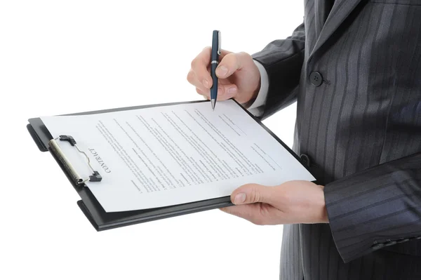 Businessman Holding Clipboard Signs Contract Isolated White Background — Stock Photo, Image