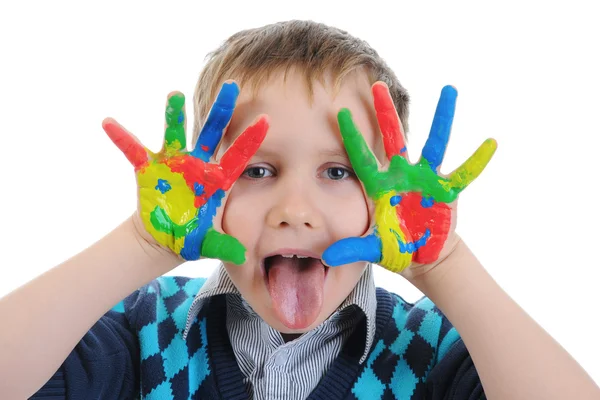 Leende Pojke Med Handflatorna Målade Färg Isolerad Vit Bakgrund — Stockfoto