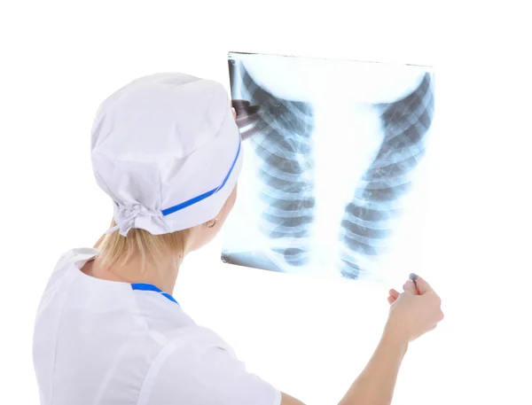 Доктор Тримає Рентгенівські Ребра Ізольовані Білому Тлі — стокове фото
