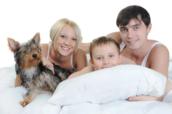 Happy Family Lying Bed Morning Isolated White Background — Stock Photo, Image