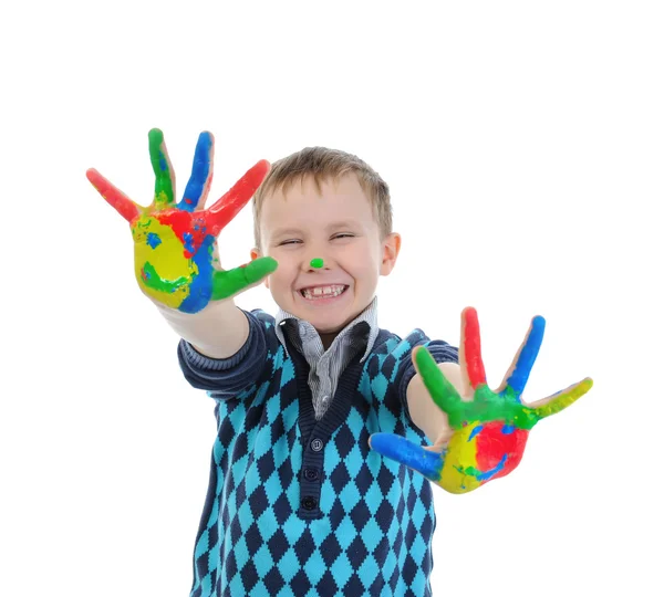 Usměvavý Chlapec Dlaněmi Namaloval Malování Izolované Bílém Pozadí — Stock fotografie