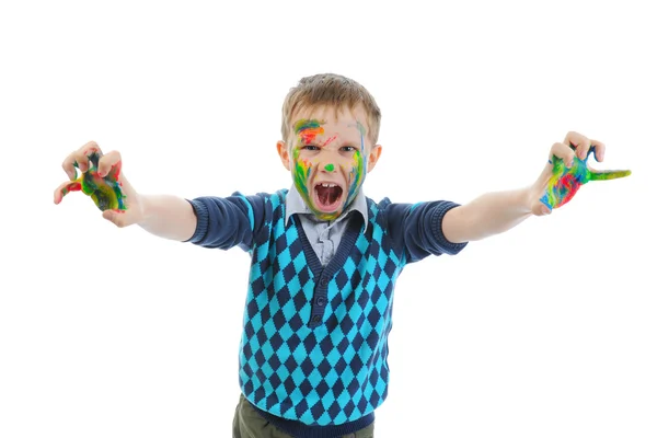 Usměvavý Chlapec Dlaněmi Namaloval Malování Izolované Bílém Pozadí — Stock fotografie