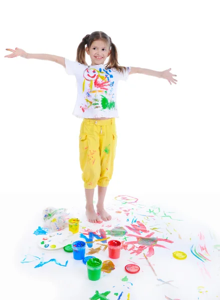Dziewczynka Rysuje Farby Białym Tle — Zdjęcie stockowe