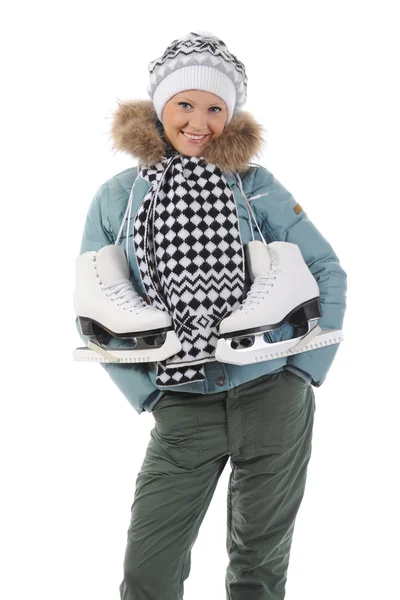 Smiling Woman Winter Style Skates Isolated White Background — 스톡 사진