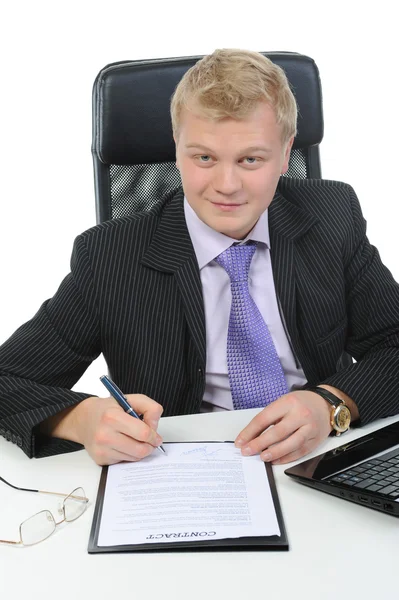 Businessman Signs Contract Isolated White Background — Stock Photo, Image