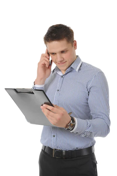 Lachende Jonge Man Praten Telefoon Geïsoleerd Witte Achtergrond — Stockfoto
