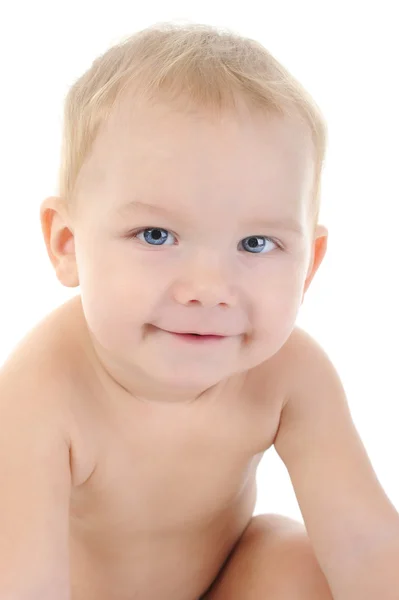 Retrato Niño Ojos Azules Feliz Aislado Sobre Fondo Blanco — Foto de Stock