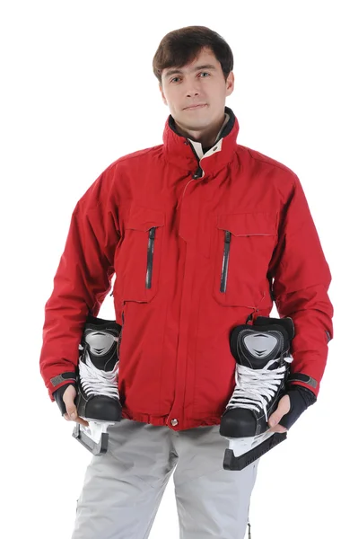 冬のスタイル スケートを持つ男の笑みを浮かべてください 白い背景で隔離 — ストック写真