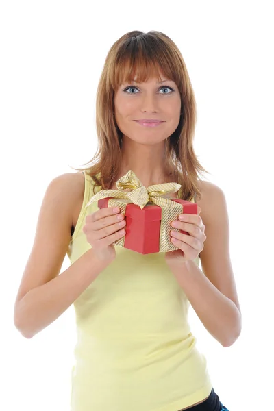 Χαμογελαστή Γυναίκα Ένα Κουτί Δώρου Απομονώνονται Λευκό Φόντο — Φωτογραφία Αρχείου