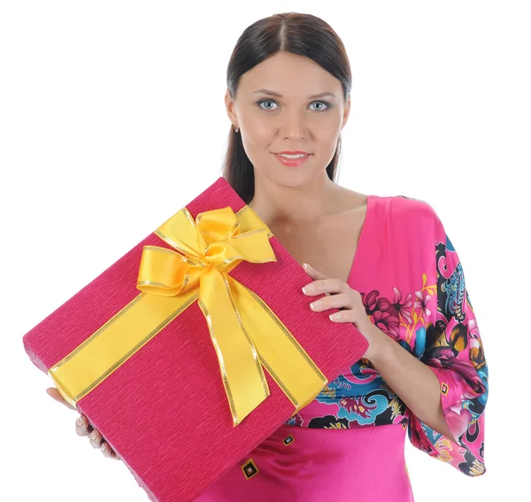 Brunette with a gift — Stock Photo, Image