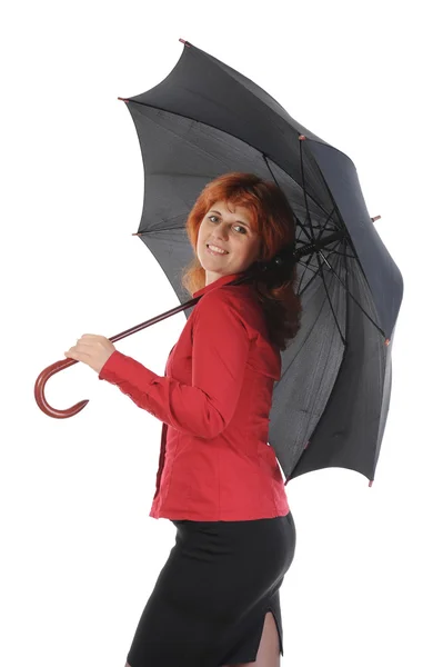 用一把雨伞的年轻女子 在白色背景上孤立 — 图库照片