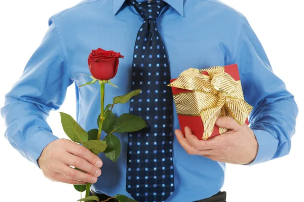Muž Dárkové Krabice Růže Izolované Bílém Pozadí — Stock fotografie