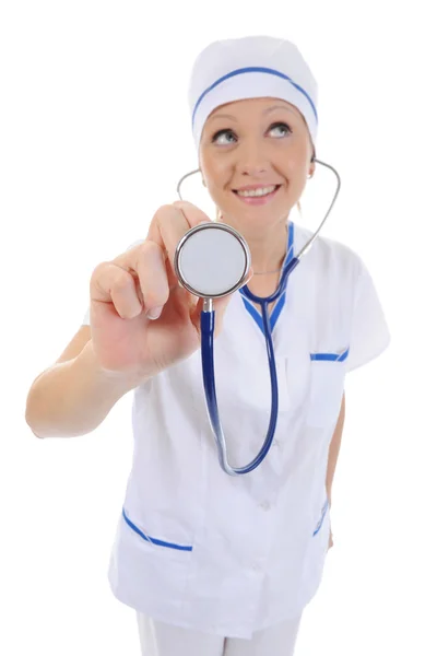Schöne Junge Ärztin Uniform Mit Stethoskop Isoliert Auf Weißem Hintergrund Stockbild