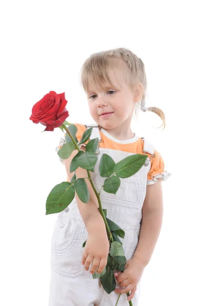 Meisje Met Een Roos Geïsoleerd Witte Achtergrond — Stockfoto
