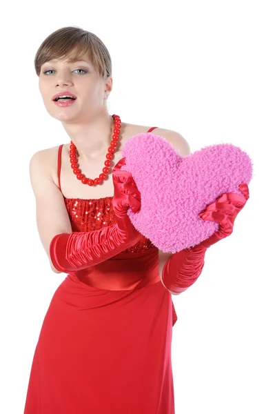 Meisje in rood met een hart — Stockfoto