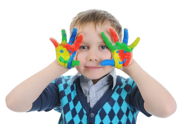 Rapaz Sorridente Com Palmas Das Mãos Pintadas Por Uma Tinta — Fotografia de Stock