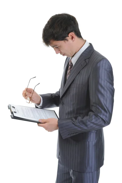 Businessman Holding Clipboard Isolated White Background — Stock Photo, Image
