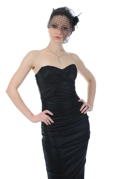 イブニング ドレスでフルレングスの若い美しい女性 白い背景で隔離 — ストック写真